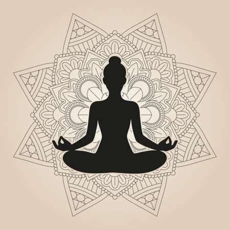 International Yoga Day background with a silhouette of a female in yoga pose on mandala designのイラスト素材