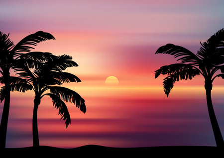 Sunset ocean landscape with palm trees silhouetted in the foregroundのイラスト素材