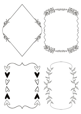 Collection of four hand drawn decorative frames in black and whiteのイラスト素材