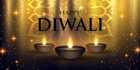Elegant banner design for Diwali Festival of Lights with lamps and sparkling lightsのイラスト素材