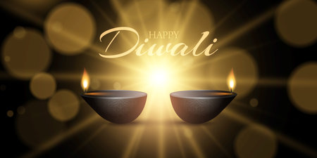 Decorative banner design for Diwali Festival of Lights with lamps and bokeh lightsのイラスト素材