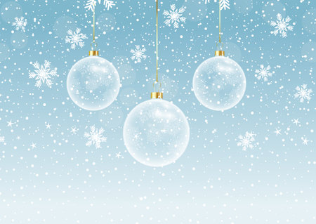 Christmas background with a hanging baubles and snowflakes designのイラスト素材