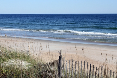 Sea grass growing on a sand dune with a weathered retaining fence and a calm ocean の写真素材