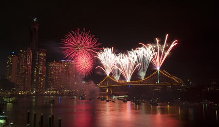 Brisbane, Australia, September 3, 2011 - Brisbane Riverfire Fireworks Show. View from Eagle St Pier with Story Bridgeのeditorial素材