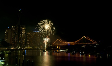 Brisbane, Australia, September 3, 2011 - Brisbane Riverfire Fireworks Show. View from Eagle St Pier with Story Bridgeのeditorial素材