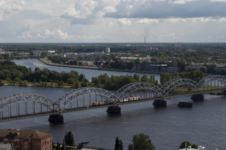 Riga, Latvia, July 2012 -  View of Railway Bridge From Above With a Trainのeditorial素材