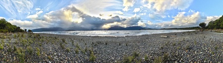 Panorama of Lake Te Anau at sunset, south island of New Zealand.の写真素材