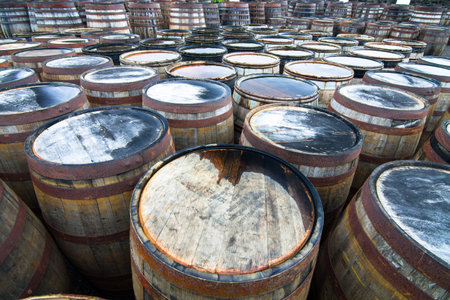 Hundreds of wooden barrels used for aging whisky sit together with water collected on their tops....