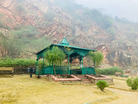 Gazebo on the terrace of a Buddhist temple in the mountainsの写真素材