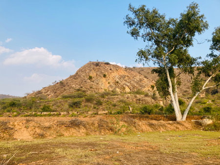 Landscape view of hill and tree in Hampi, Karnataka, India
