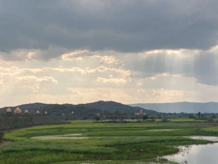 Rice field in the countryside of Thailand with the sun shining through the clouds.の写真素材