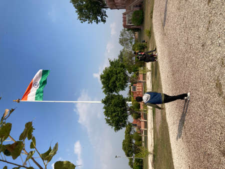 A high angle shot of a man on a windy dayの写真素材