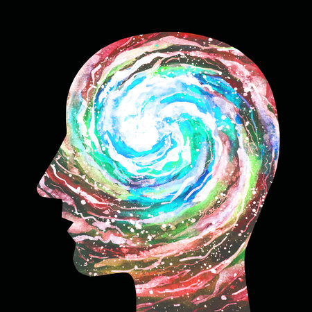 Artistic illustration of a human head with a colorful galaxy inside. Space with stars. universal...