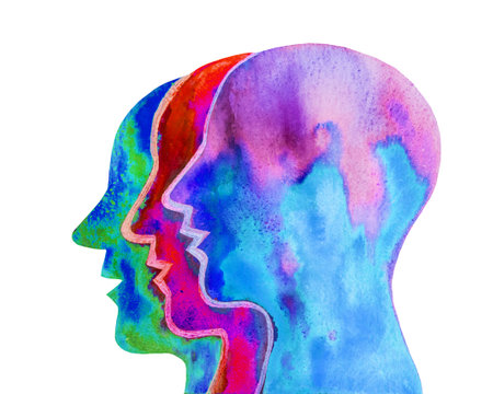 Silhouette of three human heads and colorful watercolor paint on white background. Communication between diversity. nations. Dialogueの写真素材