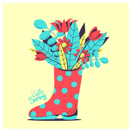 a cute postcard with a picture of a shoe, as well as leaves and flowers. plant themes. celebrating the beginning of spring. it can be used as a postcard, invitation, illustration and so on.のイラスト素材