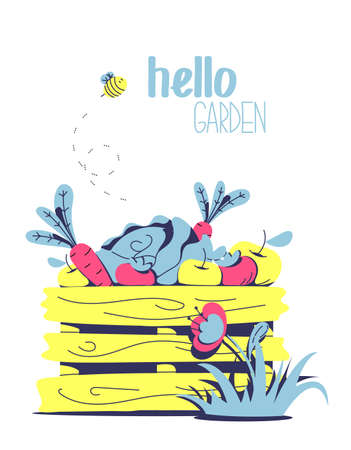 abstract, art, attecute postcard with a picture of a box of vegetables and flowers. the theme is nature, vegetable garden. hand drawn. it can be used as a postcard, invitation, illustration and so on.のイラスト素材