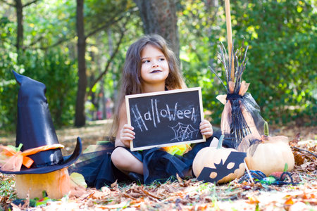 a little girl is sitting in a Park with yellow leaves in a witch costume. Broom, pumpkin, bat mask, witch hat. Halloween.の写真素材