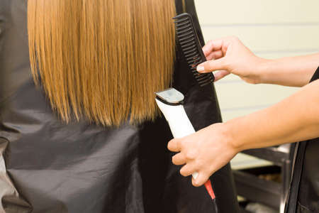 a young woman gets her hair cut with a clipper. Barbershop.の写真素材