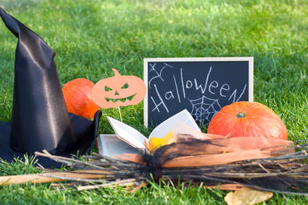The view from the top, broom, book, leaves, spider, witch hat. Halloween. Compositionの写真素材