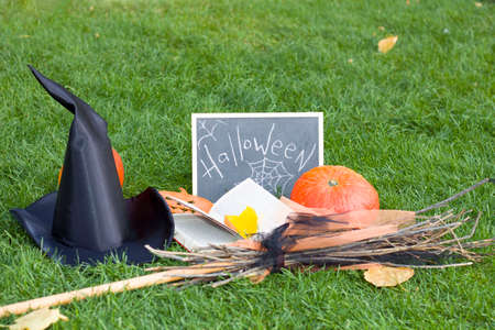 The view from the top, broom, book, leaves, spider, witch hat. Halloween. Compositionの写真素材