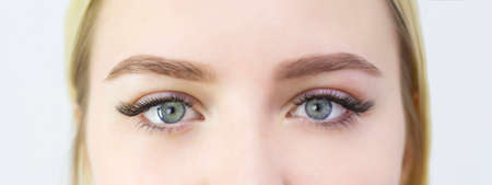 A girl with beautiful green eyes, artificial black eyelashes. Close-up of the eyes. Eyelash extensions. L-bendの写真素材