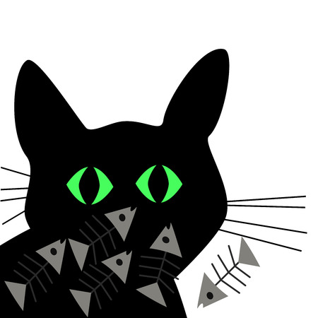 Black cat silhouette with fishbone cartoon on white backgroundのイラスト素材