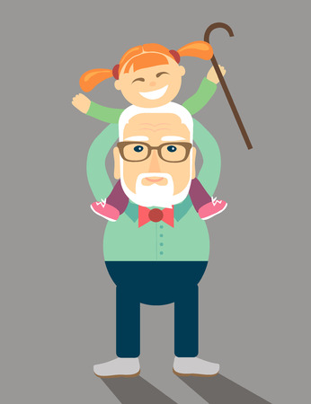 illustration in a flat style. Grandpa put his granddaughter on his shoulders.のイラスト素材