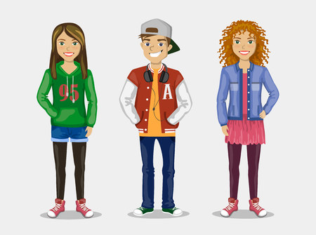 Set of images of three teenagers in stylish clothes.のイラスト素材