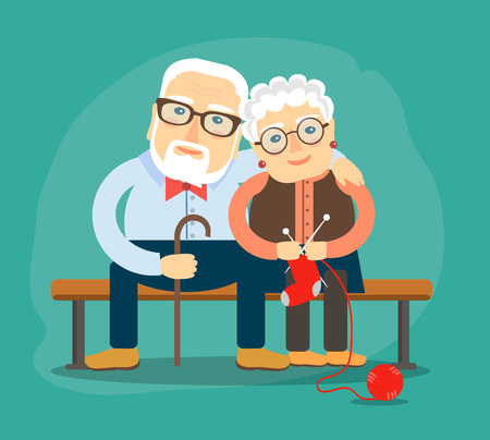 elderly people resting on a bench. Vector illustration in a flat style.のイラスト素材
