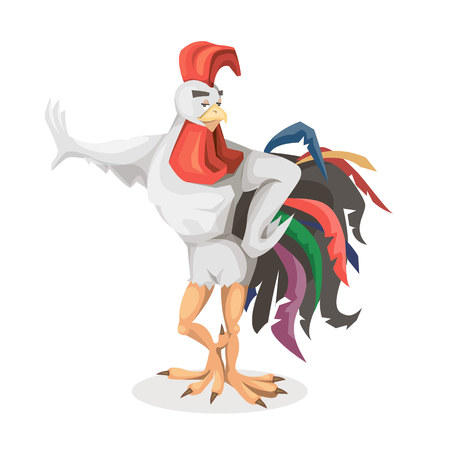 Rooster stands wing resting on the wall. Cartoon character cock.のイラスト素材