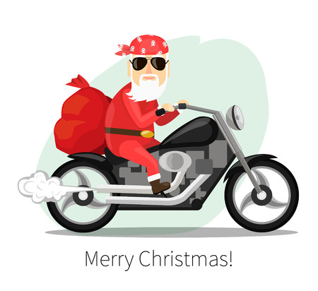 Santa Claus carries a sack of gifts on a cool motorcycleのイラスト素材