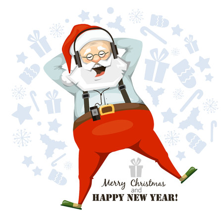 Santa Claus relaxes and enjoys music on headphonesのイラスト素材