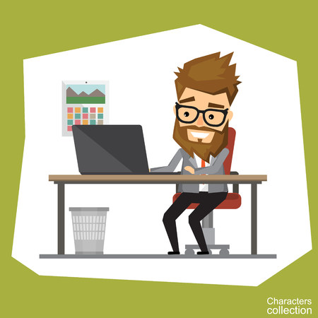 Hipster man in an office suit working on a laptopのイラスト素材
