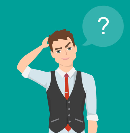 Thinking man with question mark. Cartoon illustration.のイラスト素材