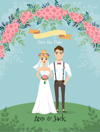 Save the date. Wedding invitation with bride and groom with flowers elementsのイラスト素材