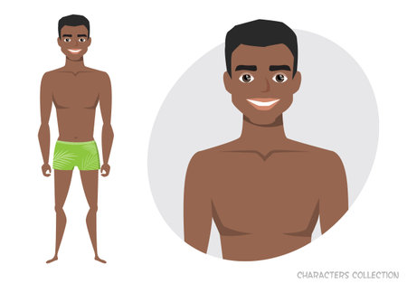 Stylish young black african american man in a beach swimming trunks.のイラスト素材