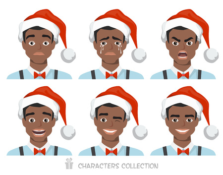 Black african american men in Santa hat with different emotionsのイラスト素材