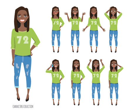Set of emotions and gestures to the young woman.のイラスト素材