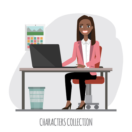 black african american Businesswoman is using a computer, smiling while working in officeの写真素材