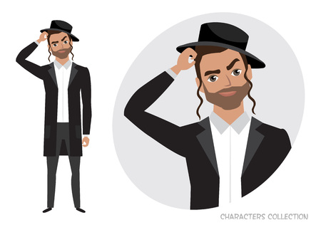 Portrait of handsome young jew thoughtful man. Vector character in cartoon styleのイラスト素材
