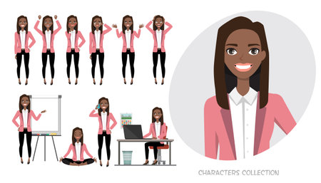 Set of emotions for black african american business woman.のイラスト素材