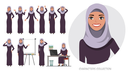 Arabic business woman.Young girl in a cartoon style experiences different emotions and poses. Set of emotions and posesのイラスト素材