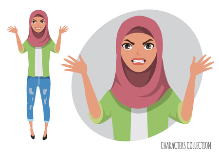 The evil Muslim women character threatens with his hand. Muslim young woman wearing hijab.のイラスト素材