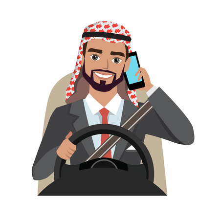 Arab businessman driving a car talking on the phone Vector illustration.のイラスト素材