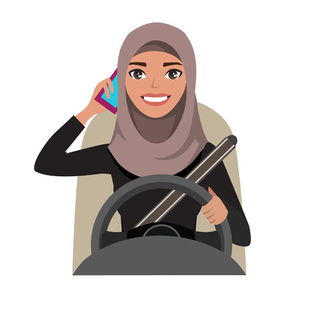 Arab businesswoman driving a car talking on the phone. Arab woman wearing hijabのイラスト素材
