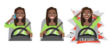 Don t talk while driving The black african american woman had an accident. Woman holding mobile phone while driving car, closeup.のイラスト素材