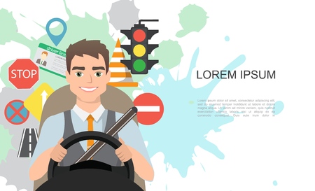 Set of road symbols and driver character. Isolated vector elementsのイラスト素材