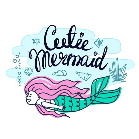 Cute Mermaid character in hand drawn style. Set of beautiful mermaids with pink hair. Vector illustrations.のイラスト素材