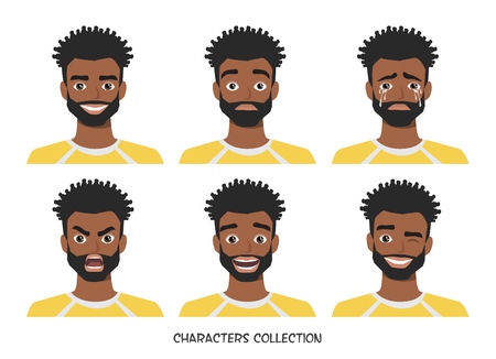 Avatar. Set of emotions and gestures to the young black african american man.のイラスト素材
