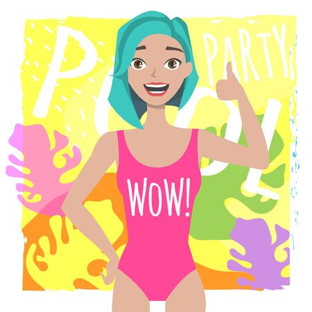 Portrait of a young positive girl in swimsuit showing thumb upのイラスト素材